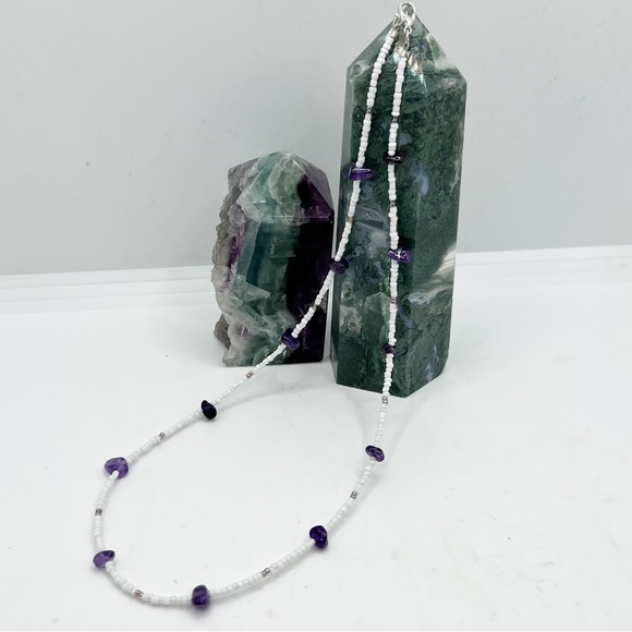 Lunar Neptune Jewelry - Amethyst Crystal Chip Purple & White Seed Bead Necklace